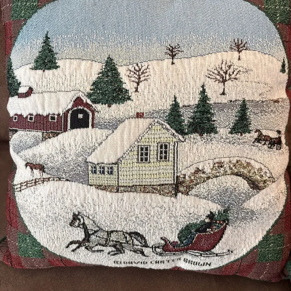 Gurvic Carter Brown Winter Tapestry Throw Pillow Horse Sleigh Snow Scene 16”